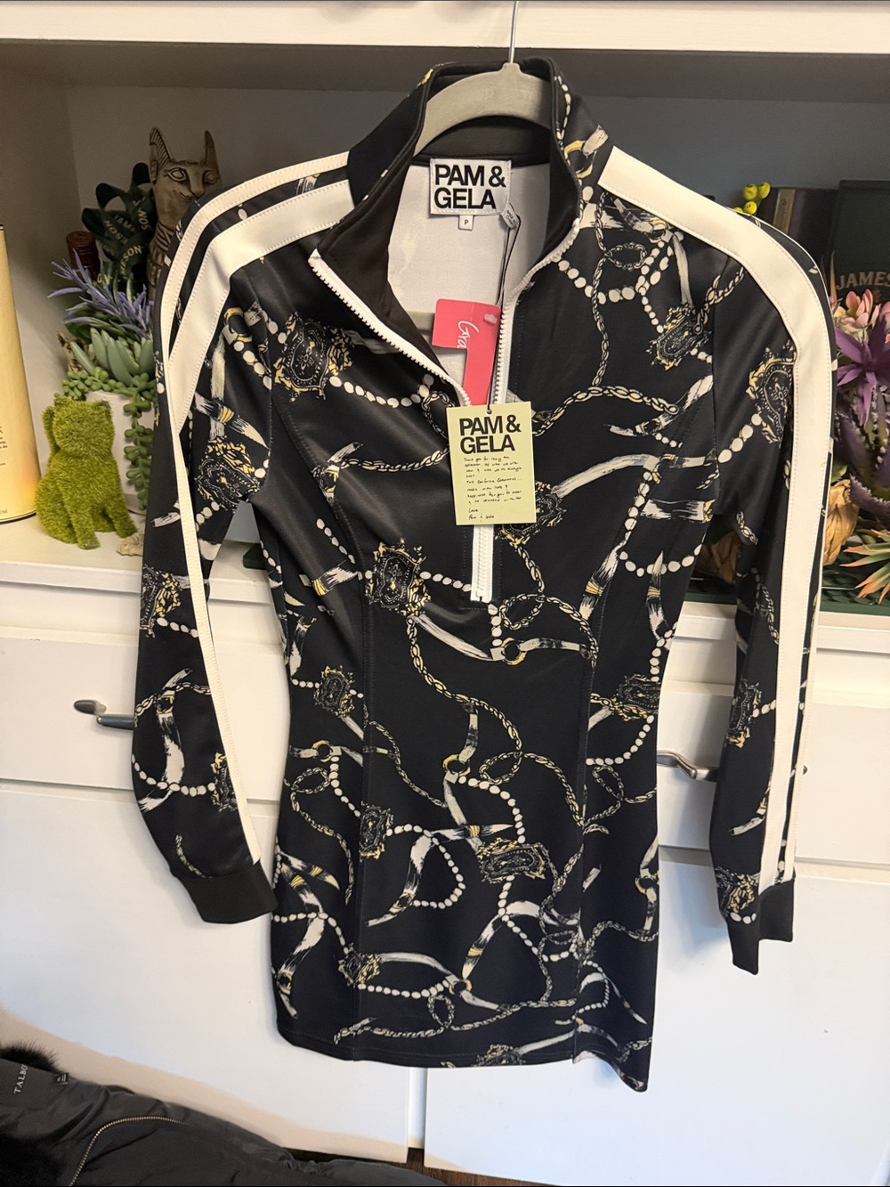 Pam & Gela Black Printed Bomber-Style Track Jacket Dress with White Stripes